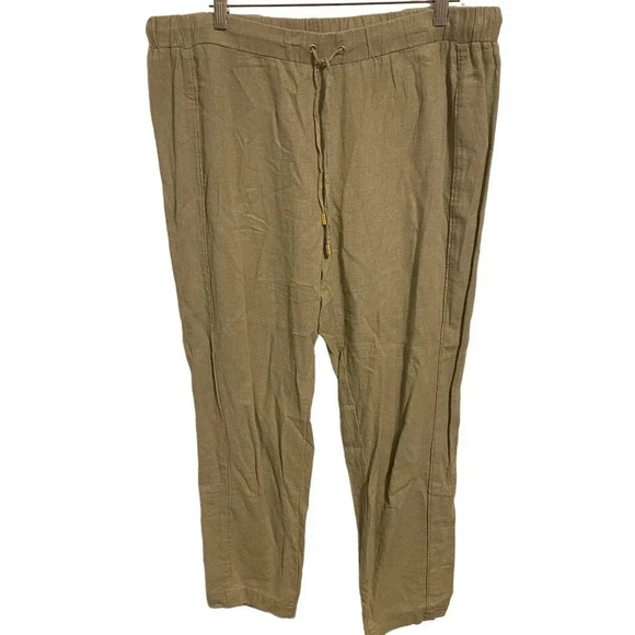 Ellen Tracy Khaki Linen Blend Summer Beach Casual Pull-on Pants Women Size L - Picture 1 of 5